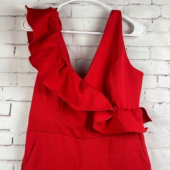 DO + BE Jumpsuit Womens M Red Christmas Paint Suit Romper Wide Leg Ruffles Sexy - Picture 2 of 13